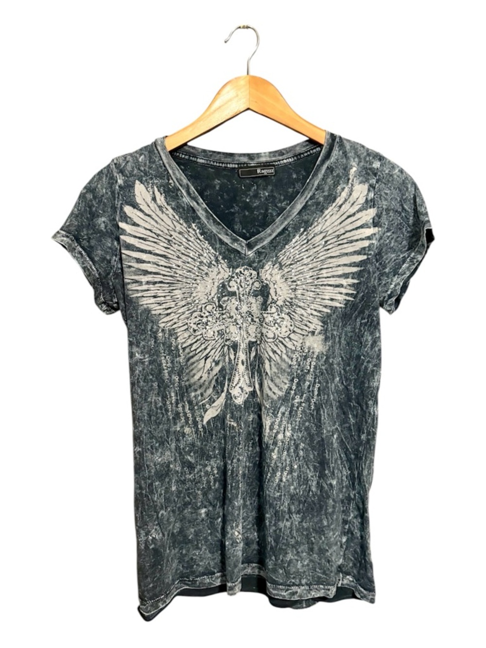 RAGZZZ Black/Gray V-Neck Sparkly Cross Graphic Tee